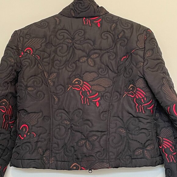 Embroidered Crop Moto Jacket Black Red Size 14 - Picture 8 of 10